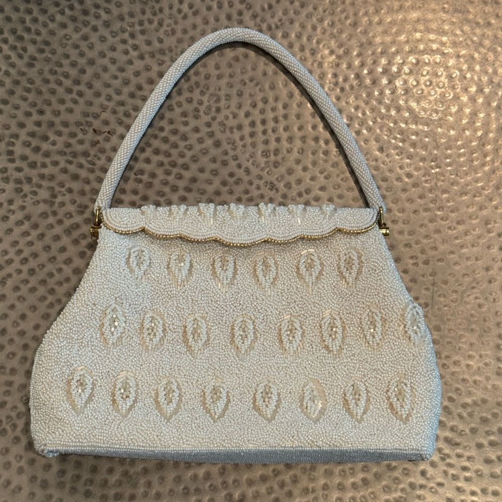 Vintage White Micro Beaded Bridal Evening Bag Gold Spring Hinge Fits Phone